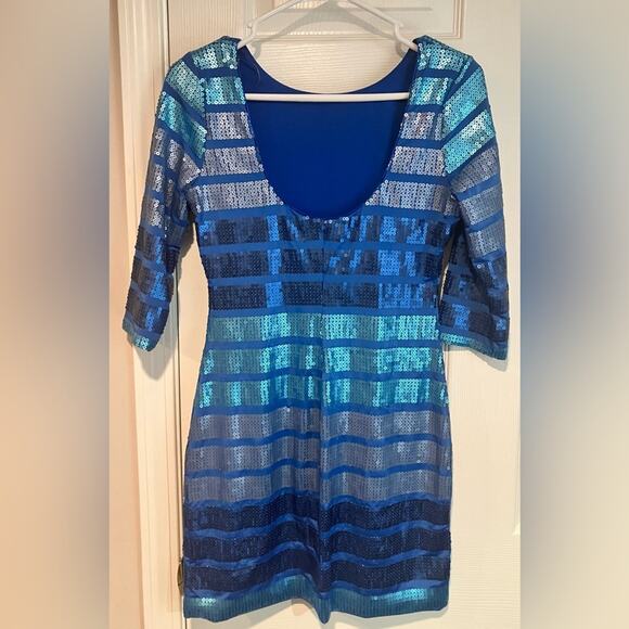 Hanukkah Bodycon Ombre Blue Sequin Striped Mini Dress 3/4 Sleeve Size M - Picture 2 of 10